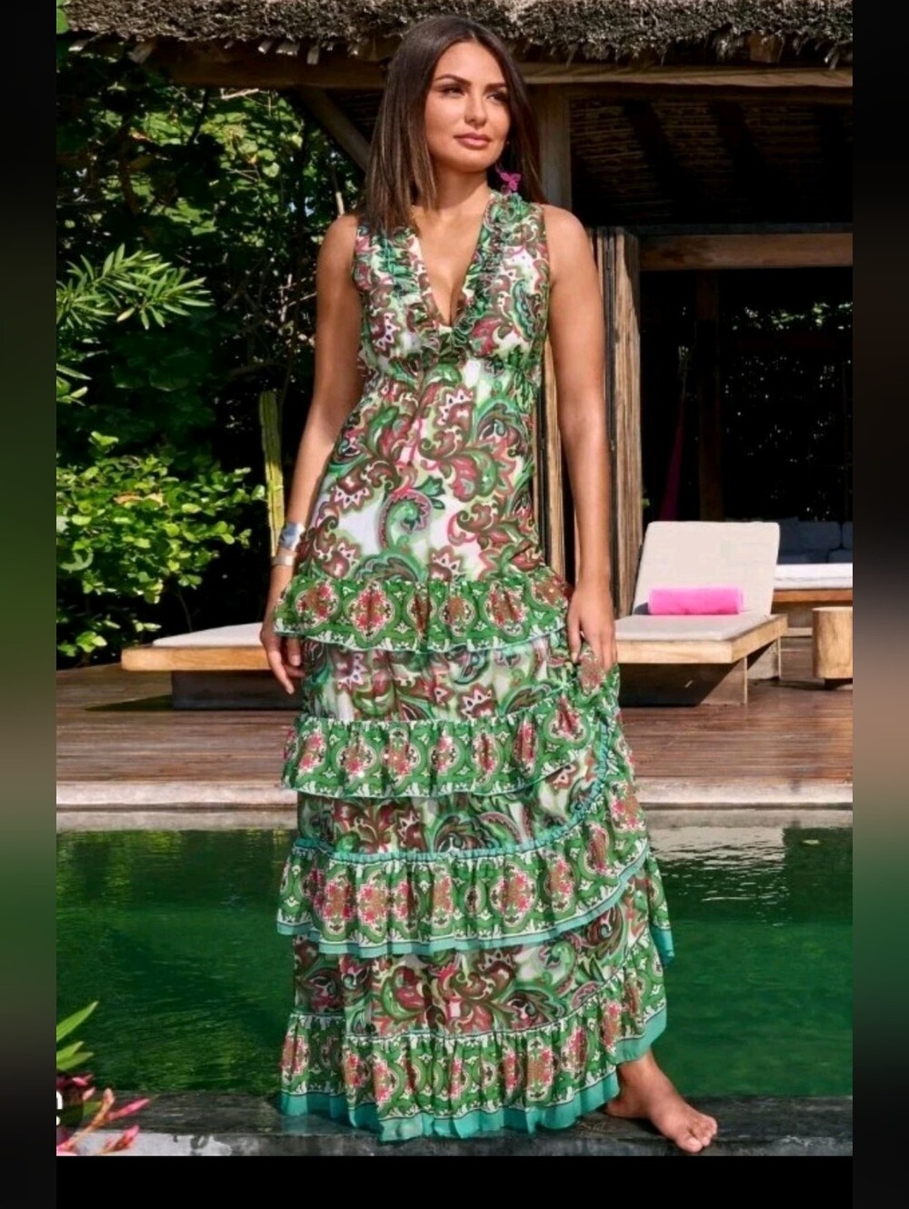 Boston Proper Palma De Scrolls Print Ruffle Tiered Maxi Dress